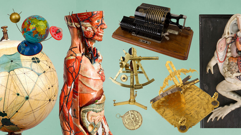 Objects from the Whipple Museum in a colourful collage banner. Marcel the human body, Sputnik the toy globe and a mechanical calculator. 