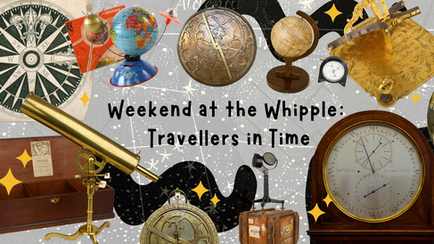 Everything you need for time travelling graphic! A telescope, a clock, a compass, a orrery and a sputnik globe!