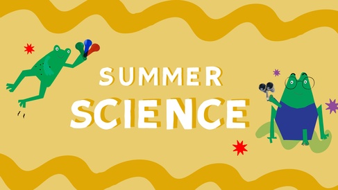 Illustration for Summer Science featuring two green frogs: one looking through opera glasses, and the other hopping while carrying light reflectors.