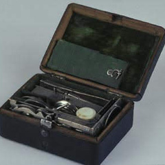 Pocket microscope and accessories packed away in a case less than 6 cubic inches.