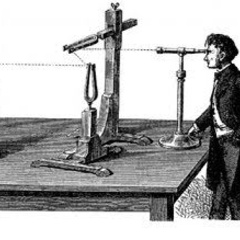 Sketch of Jules Lissajous observing Lissajous figures through a microscope