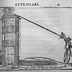 Woodcut print showing a man using an astrolabe to measure the height of a building.