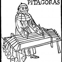 Illustration depicting Pythagoras performing harmonics experiments