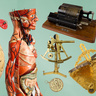 Objects from the Whipple Museum in a colourful collage banner. Marcel the human body, Sputnik the toy globe and a mechanical calculator. 