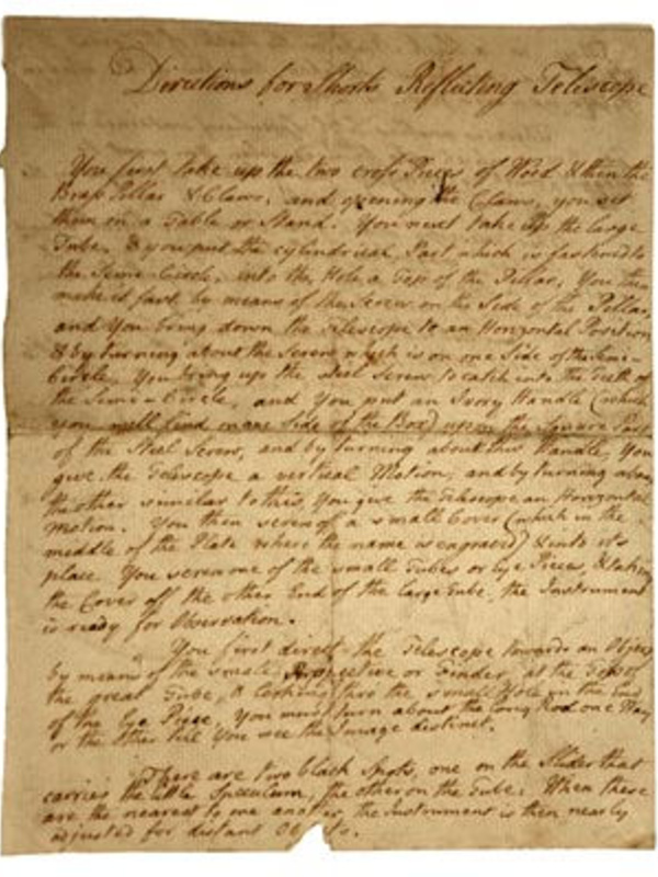 Handwritten instructions for the use of Short's telescope