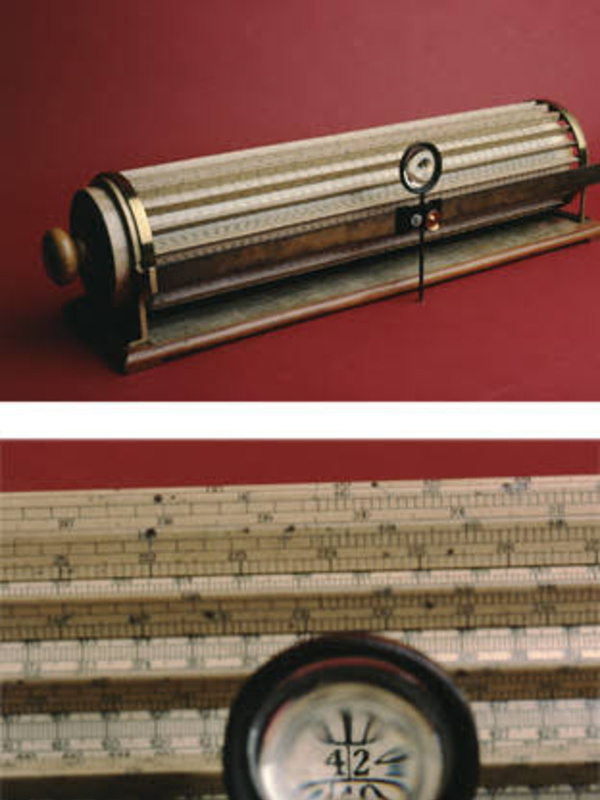 Thatcher's cylindrical slide rule, showing detail of the magnifying glass