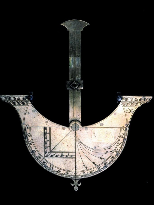 Detail of the ship-shaped sundial, showing the initials 'S.F.'