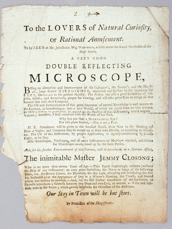 Detail of an advertisement for a microscope demonstration by John Cuff