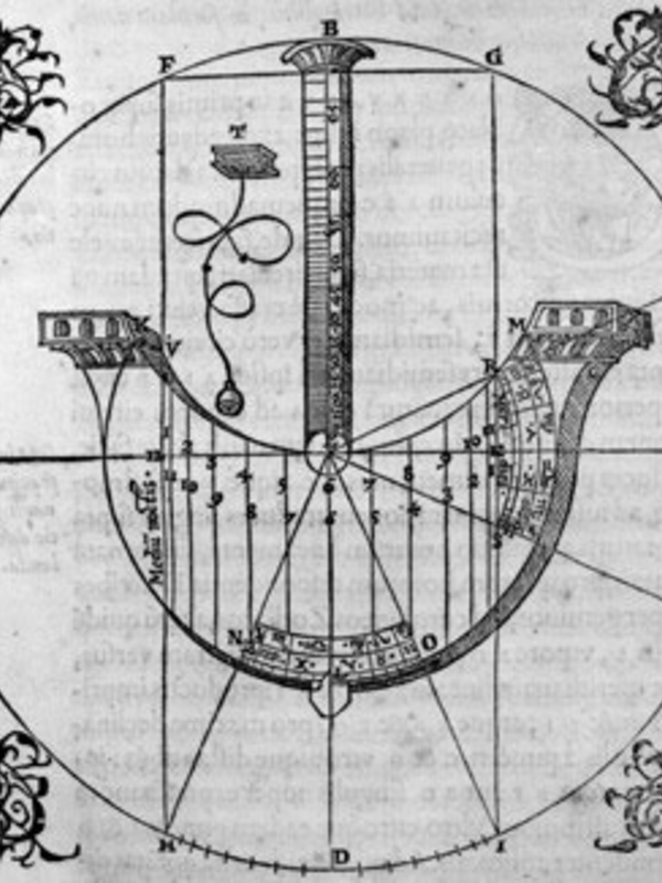 Woodcut print showing a ship-shaped dial