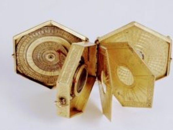 16th century hexagonal astronomical compendium, displayed folded out.