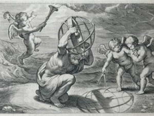Engraving of Atlas holding an armillary projecting onto the ground