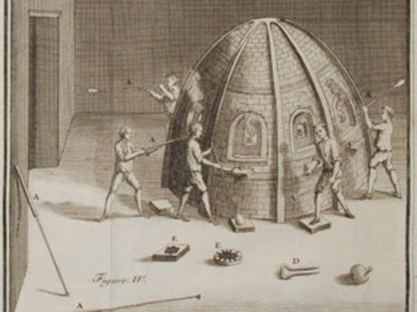 Illustration of glass-makers working with blow-pipes and furnace