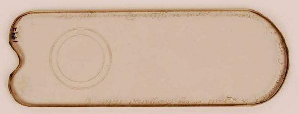 Glass fish plate, inscribed around the edge with "This Glasse is to Lay a Fish on to See ye Circulation of ye Blood, ye Animalcula in Liquids or any Transparent objects etc."