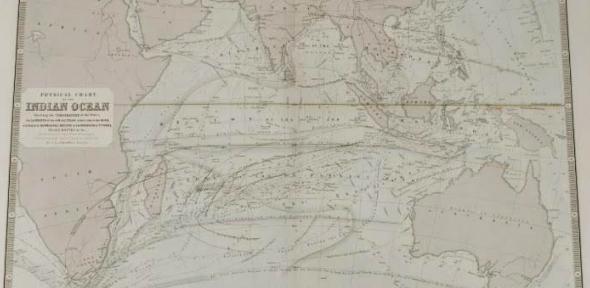 A chart of the Indian Ocean showing the temperature of the water, the currents of the air and ocean, directions of the wind, as well as districts of hurricanes, regions of typhoons, and trade routes.