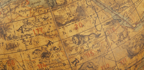 Animals and buildings of North Africa depicted on the surface of the globe