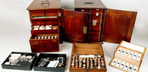 The Charles Elcock archive of microscope slides and preparatory materials (Wh.6601). Elcock's archive of microscope slides and preparatory materials, displayed in portable wooden cases