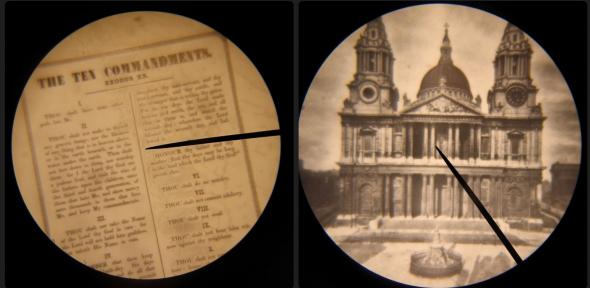Two of Dancer's microphotographs: The Ten Commandments and St Paul's Cathedral (Wh.1844). Two of Dancer's microphotographs: The Ten Commandments and St Paul's Cathedral