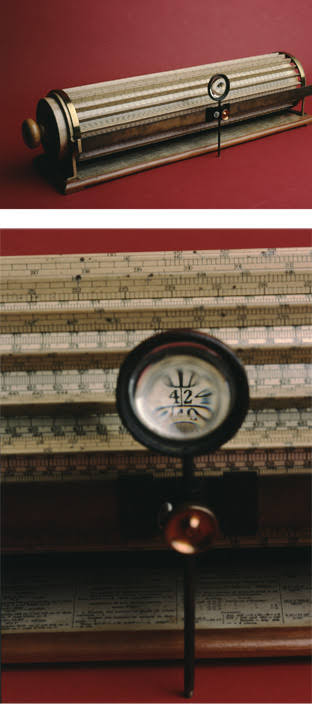 Thatcher's cylindrical slide rule, showing detail of the magnifying glass