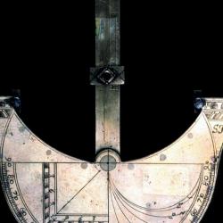 Detail of the ship-shaped sundial, showing the initials 'S.F.'