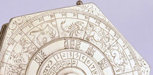 Close-up of one leaf of a 16th century hexagonal astronomical compendium