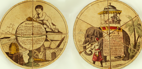 Puzzle globe faces showing popular depictions of Europe and Asia