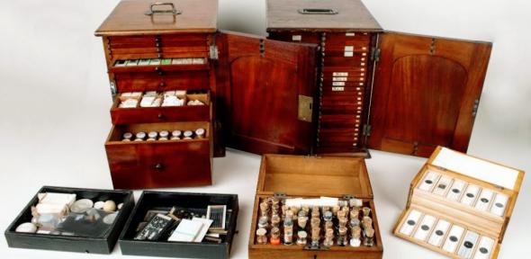 Elcock's archive of microscope slides and preparatory materials, displayed in portable wooden cases